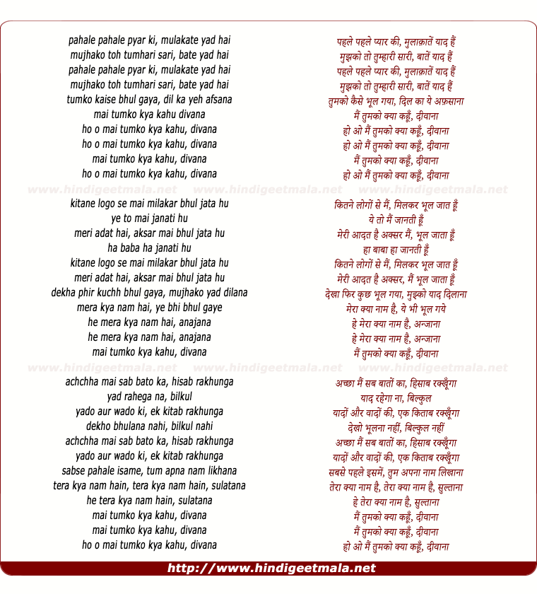 lyrics of song Pahale Pahale Pyaar Kee Mulaakaate Yaad Hai