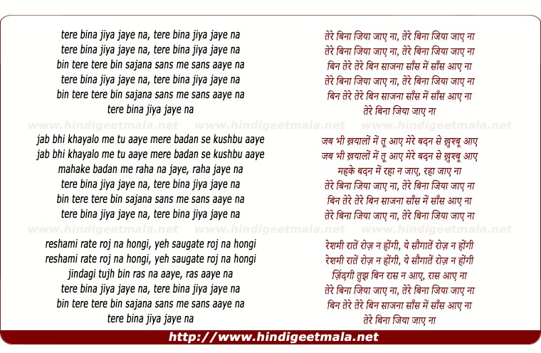 lyrics of song Tere Bina Jiya Jaye Naa