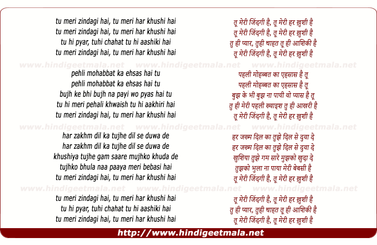 lyrics of song Tu Meri Zindagi Hai, Tu Meri Har Khushi Hai