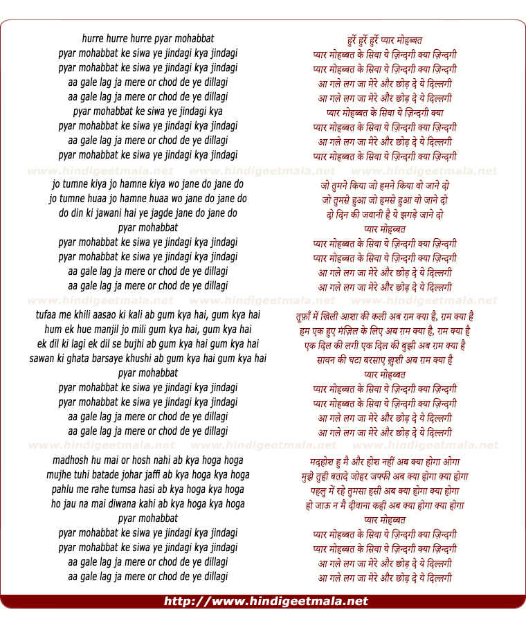 lyrics of song Hurre Pyaar Mohabbat Ke Sivaa Ye Zindagi Kyaa Zindagi